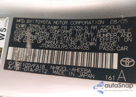 2005 Toyota Prius z USA, uszkodzony, nr VIN JTDKB20U957044935